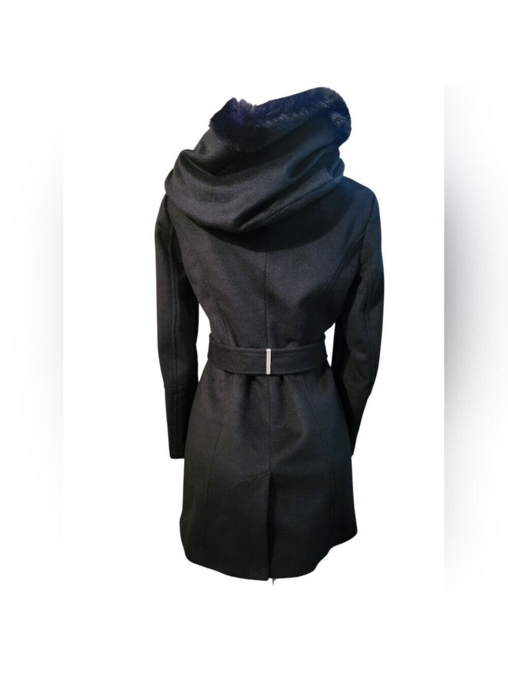 Calvin Klein Black Trench Coat with Fur Collar XSP Winter - Picture 5 of 5